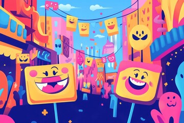 Festive city street parade, joyful emojis, celebration, background buildings, advertising