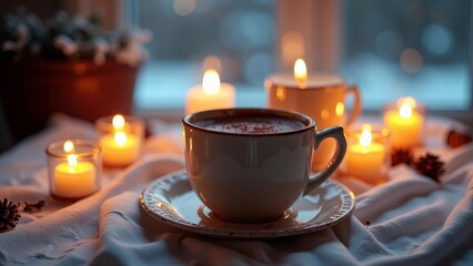 A warm and inviting cup of hot chocolate on a cold winter's night