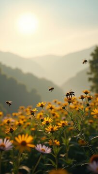 A group of bees flying over yellow flowers in a field