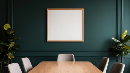Modern boardroom with empty frame hanging on green wall, ready for business presentation