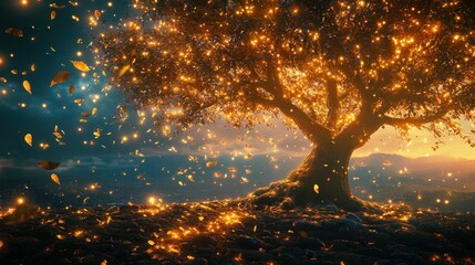Glowing tree with falling leaves at sunset.