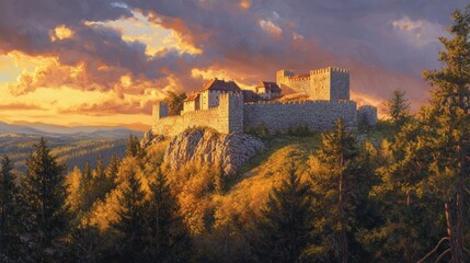 Fototapeta premium Majestic castle atop a hill at sunset, surrounded by autumnal forest.