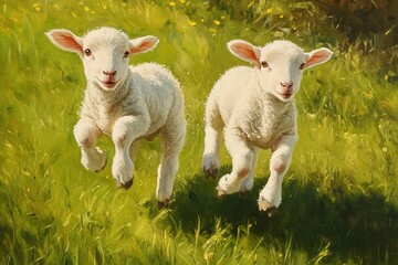 Fototapeta premium Two lambs frolicking in a sunny field.