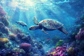 Sea turtles swimming in vibrant coral reef