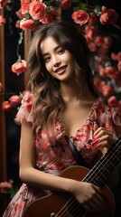 Naklejka premium Woman playing guitar amidst roses; romantic, musical portrait.