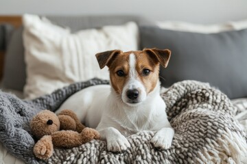 Dog relaxing on bed, cozy blanket, plush toy, bedroom