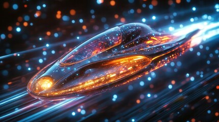 Futuristic spacecraft soaring through a glowing cosmic galaxy with swirling energy trails representing the thrill of space and technological advancement
