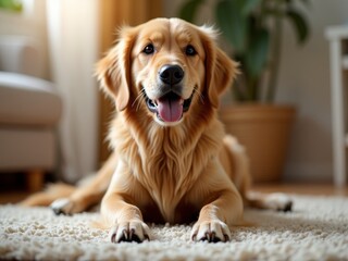 A happy dog lying on a carpet, with a blurred background