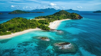 Fototapeta premium Aerial view of tropical island with white sand beach, turquoise water, and lush green vegetation.