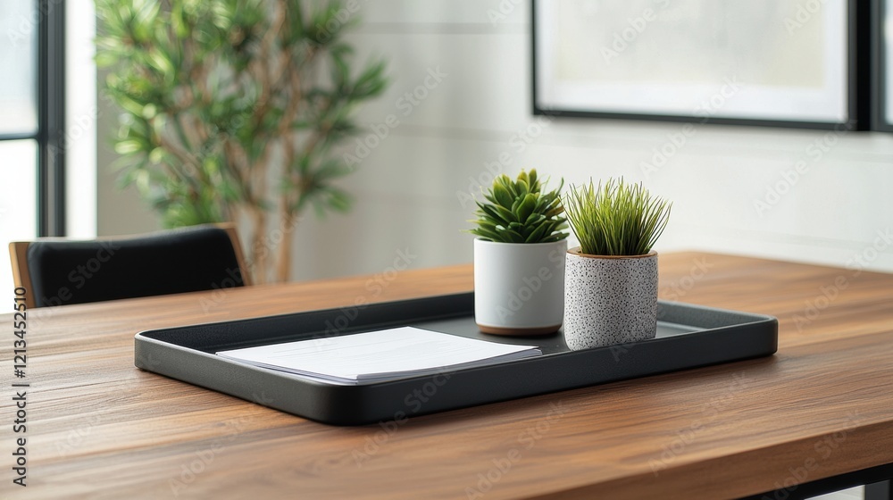 Poster modern workspace with tray, documents, and plants showing efficiency and organization