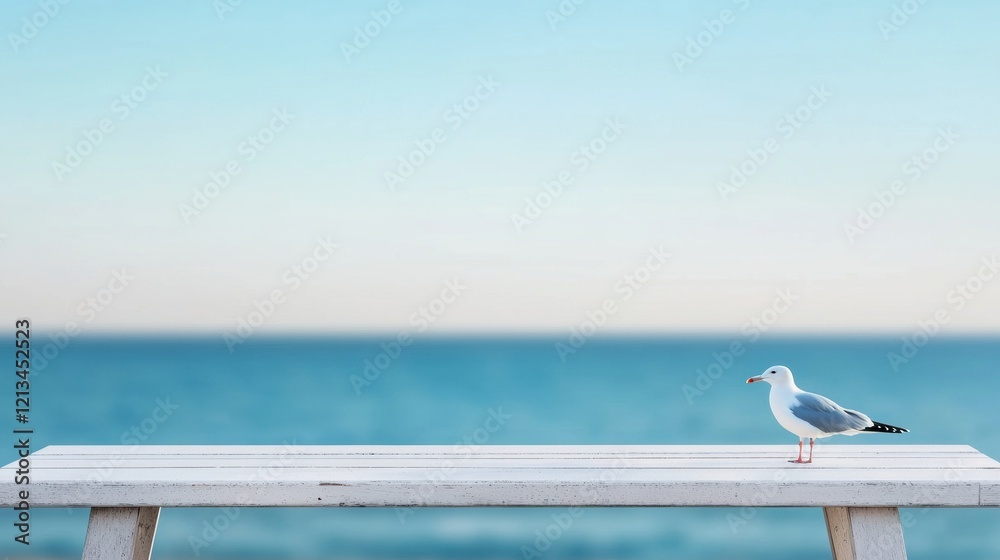 Aufkleber seagull standing on white table near beach with blurred ocean in background