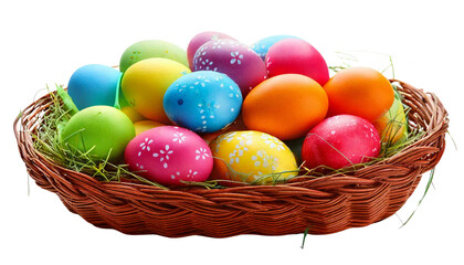 Colorful Mini Easter Eggs in a Basket on White Background
