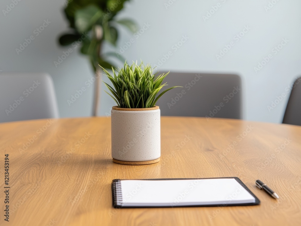 Poster notepad and pen placed on a meeting table in a modern office