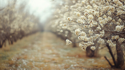 Misty orchard with blooming trees.