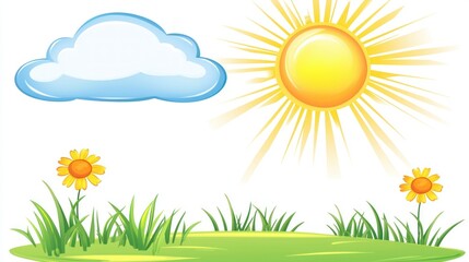 Cartoon illustration of a sunny day with grass flowers and a cloud