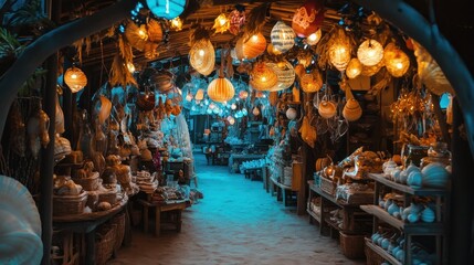 Enchanting market stall with hanging lamps and artisan crafts.