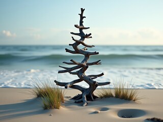 A weathered tree stump on a beach, with a unique shape and a serene ocean backdrop