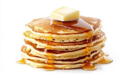 A stack of fluffy buttermilk pancakes topped with a dollop of melting butter and a drizzle of golden syrup, Their irresistible aroma wafting through the air