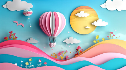 3D paper-cut style, hot air balloons flying in the sky, colorful