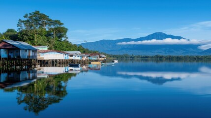Fototapeta premium Peaceful lake village with mountain reflection