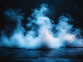 Ethereal blue smoke clouds over dark reflective surface.