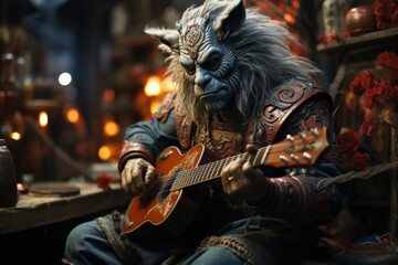 Fantasy creature plays guitar in dimly lit market.