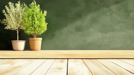 Two Potted Green Plants on Wooden Floor with dark Background for Interior Design and Home Decor Ideas