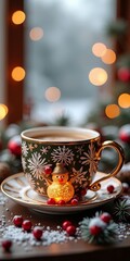 Fototapeta premium A festive holiday scene with a cup of hot chocolate and a snowman figurine