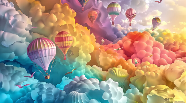 Fototapeta 3D paper-cut style, colorful hot air balloons floating in the sk