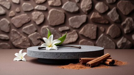 Fototapeta premium Chocolate Themed Spa Commercial Banner with Frangipani Flower Cinnamon Roll and Stone Product Display Realistic 3D Podium for Mockup