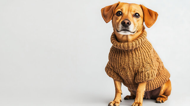 A small brown dog is wearing a sweater and sitting on a white background
