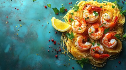 Capellini pasta with garlic, olive oil, and shrimp, garnished with lemon zest and parsley, creating a light, flavorful dish.