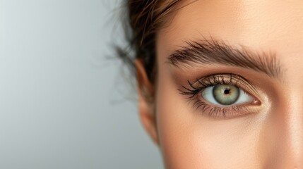 Fototapeta premium Half face of woman with beautiful makeup looking at camera isolated on grey, AI generated image