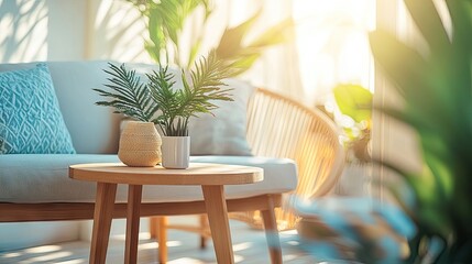 Obraz premium A bright living room with Clear Water-colored throw pillows and soft natural lighting.