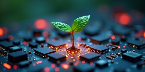 A small plant growing in a computer circuit board