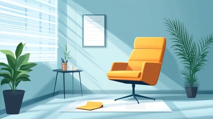 Sunny room with orange armchair, plants, and side table.