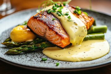 Pan-seared salmon, asparagus, sauce, potatoes, restaurant, close-up, food photography, menu