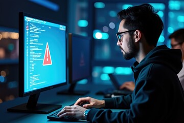 Cybersecurity Professional Analyzing Code on Computer Monitors Amidst Dark Office Ambiance with Alert Notification on Screen