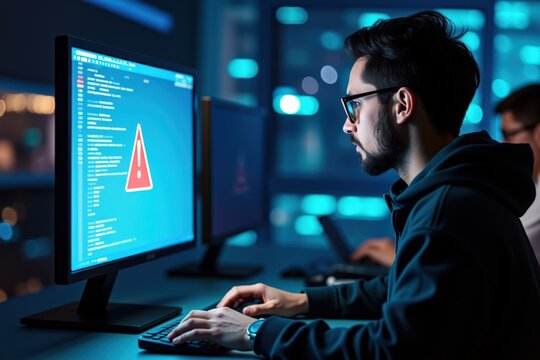 Cybersecurity Professional Analyzing Code on Computer Monitors Amidst Dark Office Ambiance with Alert Notification on Screen