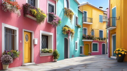 Obraz premium A Picturesque Street Scene in a Quaint Town with Colorful Buildings and Vibrant Flower Boxes
