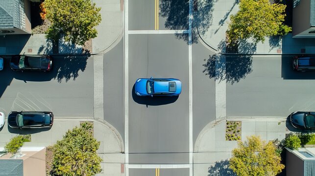 33.A drone perspective of a modern blue car pulling out of a parallel parking spot on an empty urban street, with surrounding cars neatly parked along a clean sidewalk.