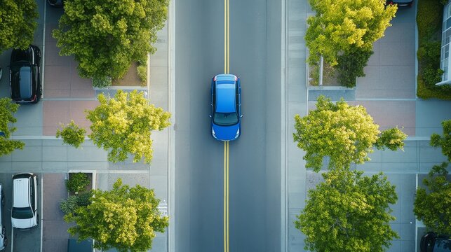 33.A drone perspective of a modern blue car pulling out of a parallel parking spot on an empty urban street, with surrounding cars neatly parked along a clean sidewalk.