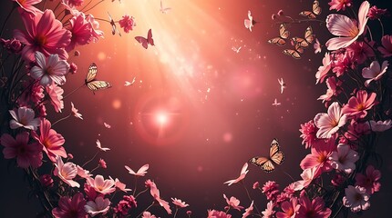 floral frame made by pink and white cosmos  flowers with butterflies in watercolor style on soft pastel background, wide copy space in the middle