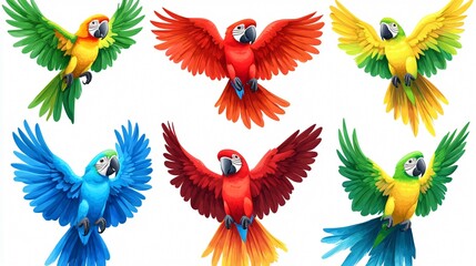 Obraz premium Vibrant Tropical Parrots in Assorted Poses - Exotic Bird Illustration