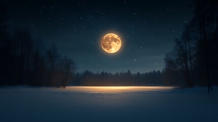 Full moon over snowy winter forest.