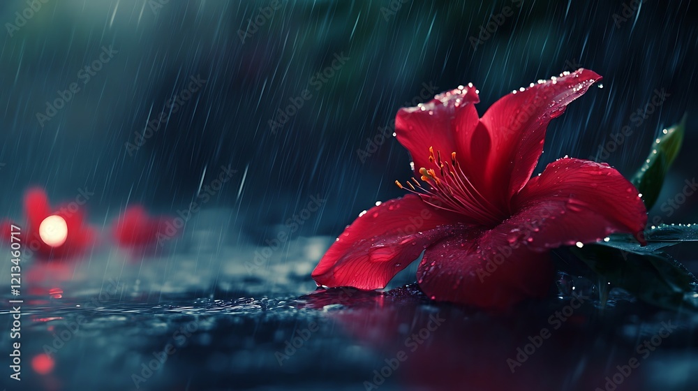 Canvas Prints Red flower in rain, dark background, water drops.