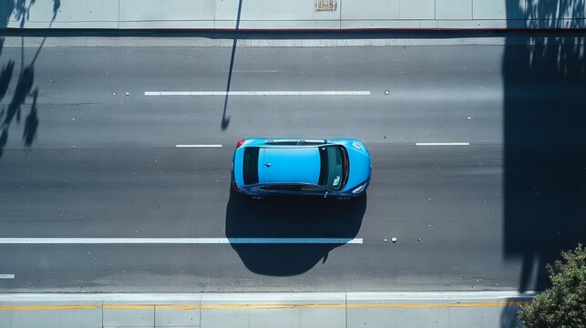 39.Aerial view of a sleek blue car pulling into traffic from a parking lane, its shiny surface reflecting the clear sky, with an empty sidewalk running parallel to the street.