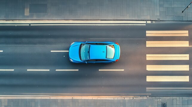 39.Aerial view of a sleek blue car pulling into traffic from a parking lane, its shiny surface reflecting the clear sky, with an empty sidewalk running parallel to the street.
