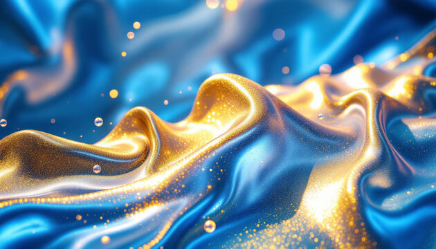 Abstract glossy blue and gold liquid swirls with sparkling light details
