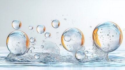 Abstract image of translucent spheres with golden highlights, floating and splashing on a water surface.  The scene is clean, slee